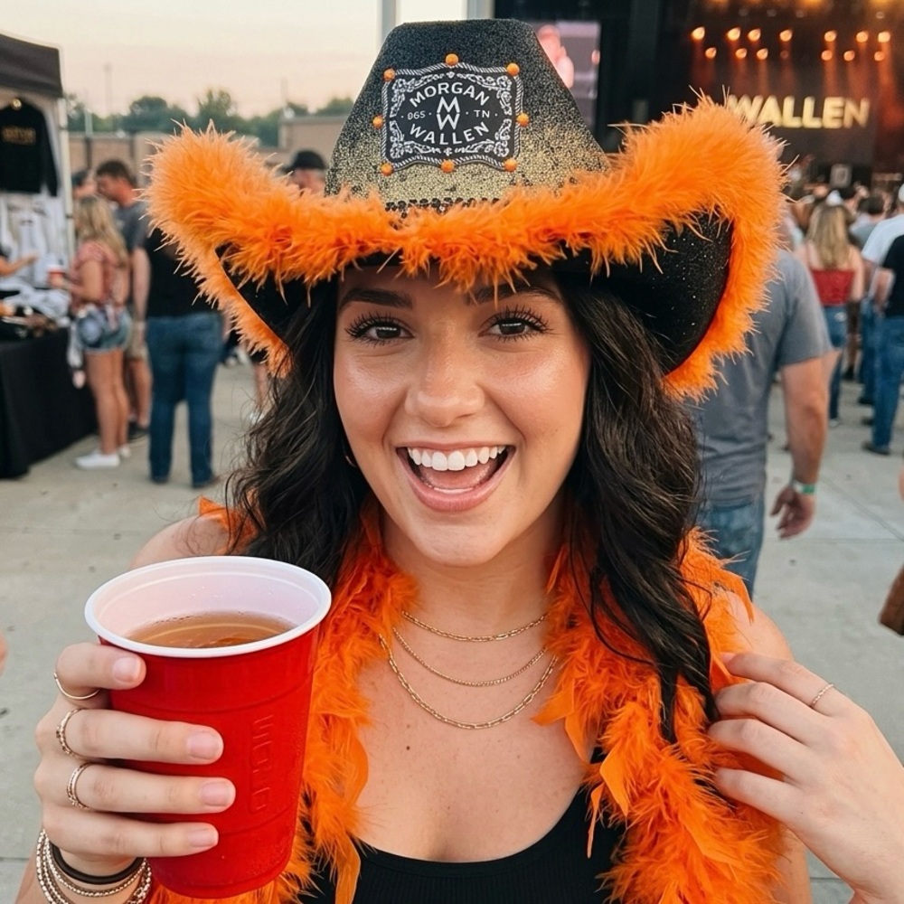 Morgan Wallen custom Handcrafted black & Orange Feather Cowgirl Hat festival - Picture 5 of 14